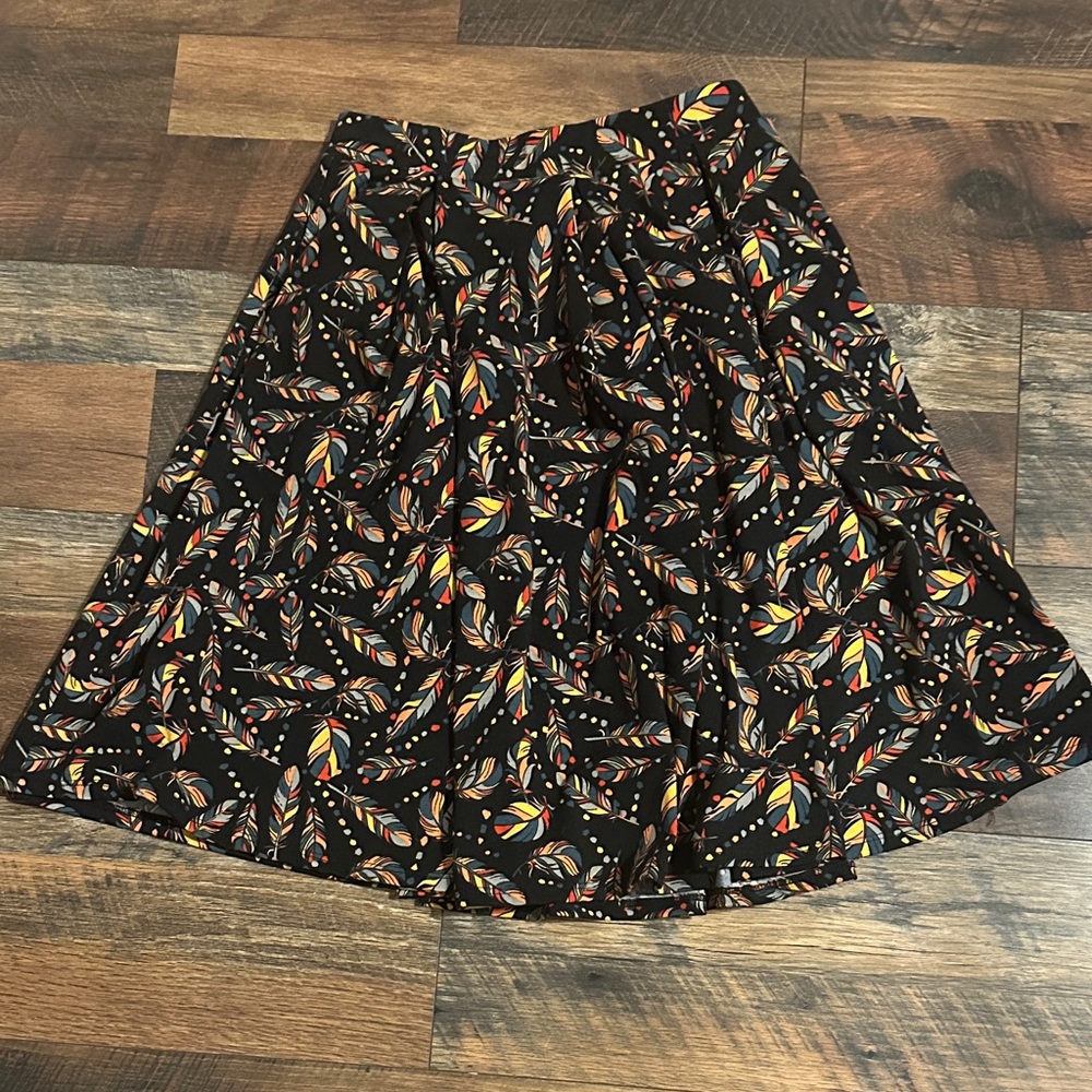 LuLaRoe Black Skirt with Multicolor Feather Design